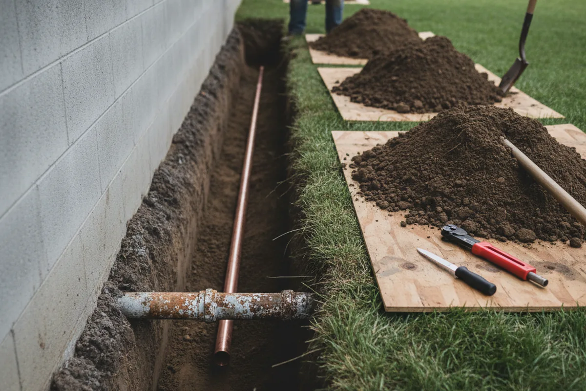 Excavated water line trench during Water Softener Installation in New Market